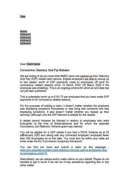 Client letter - The coronavirus Statutory Sick Pay Rebate Scheme is now live thumbnail